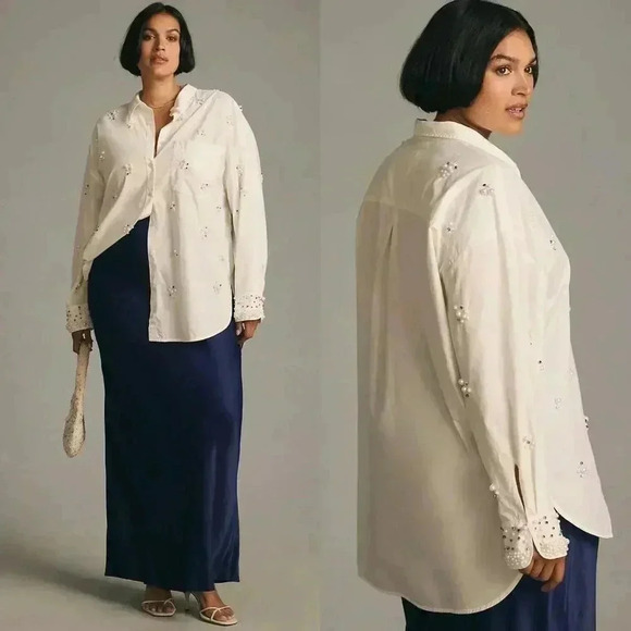 Anthropologie Maeve The Bennet Buttondown Shirt Pearl-Embellished Edition Small - Picture 2 of 7
